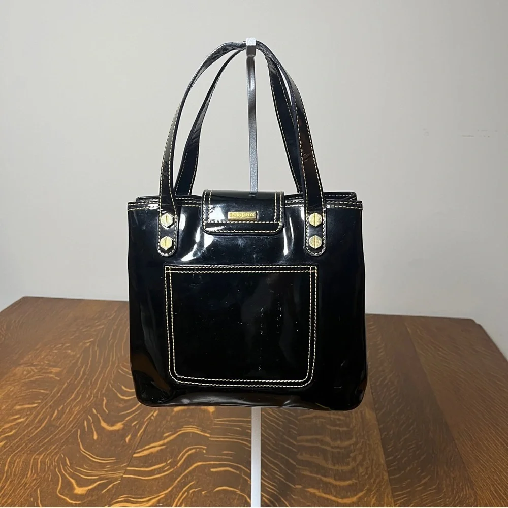 Eric Javits Squishee Black Patent Tote with Gold Hardware